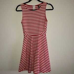 Red and white striped strapless dress